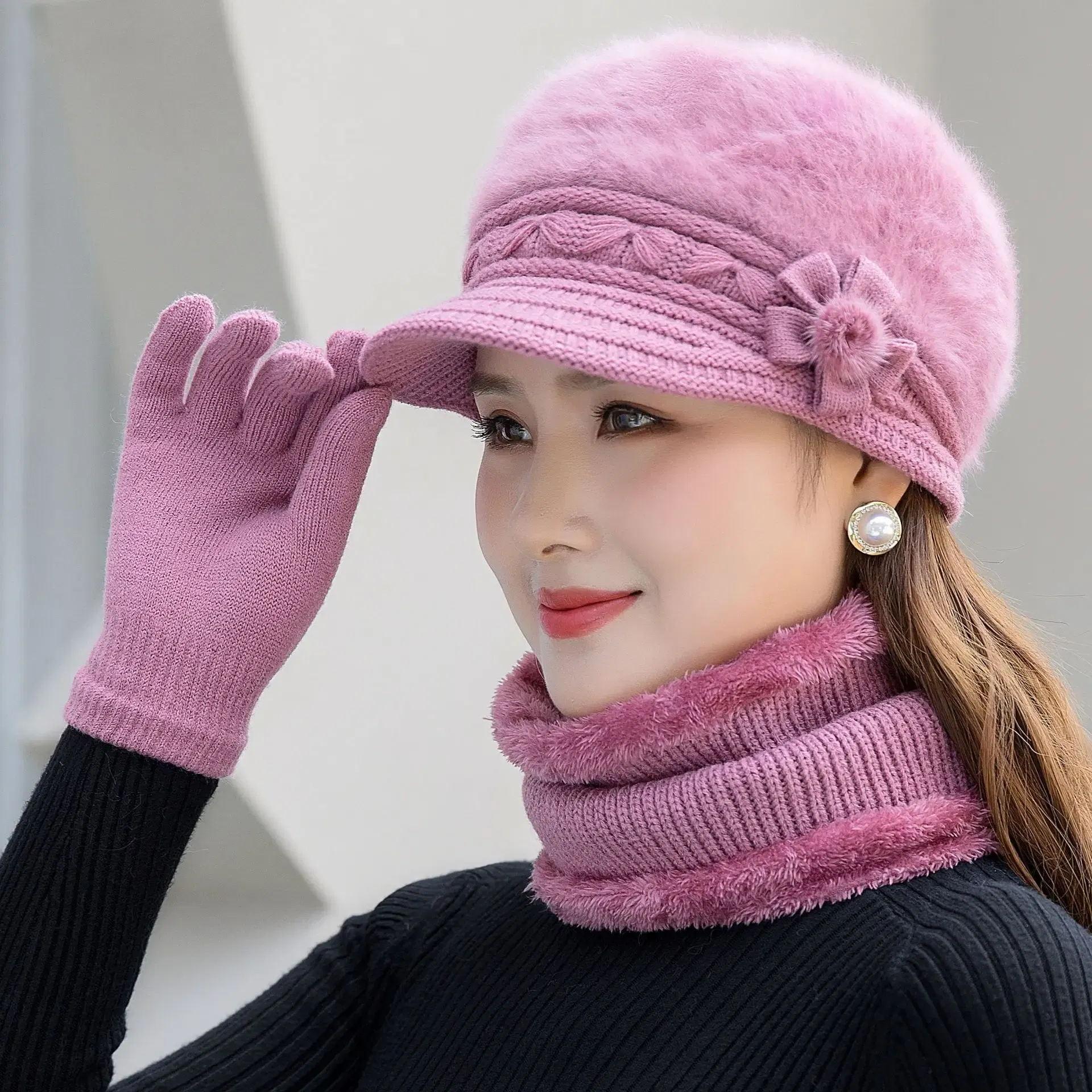 Color: Red - New Women Winter Hat Keep Warm Cap Add Fur Lined Hat & Scarf Warm Set Fashion Hat For Women Casual Faux Fur Flower Knitted Hat