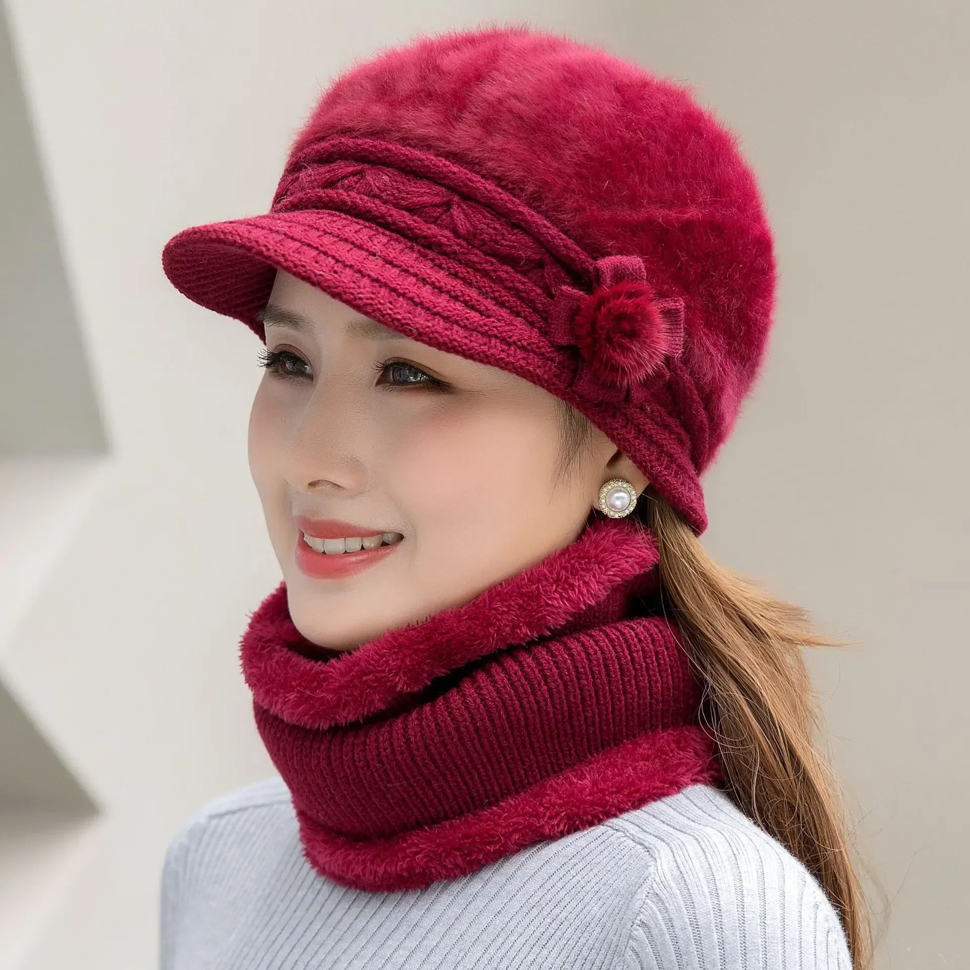 Color: Red - New Women Winter Hat Keep Warm Cap Add Fur Lined Hat & Scarf Warm Set Fashion Hat For Women Casual Faux Fur Flower Knitted Hat