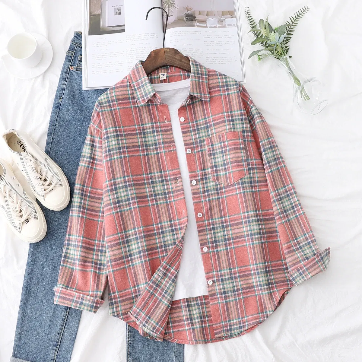 Color: Chocolate, Size: L - Fresh Flannel Plaid Shirt Women 2025 New Female Blouses and Tops Cotton Loose Long Sleeve Casual Shirts Fine Women's Clothes