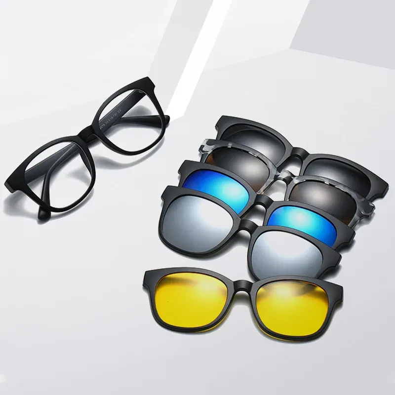 Lenses Color: Coffee, Ships From: CHINA, Frame Color: WHITE - 6 In 1 Spectacle Frame Men Women With 5 PCS Clip On Polarized Sunglasses Magnetic Glasses Male Computer Optical 2201
