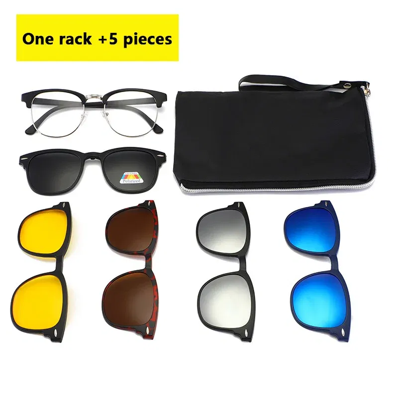 Lenses Color: Coffee, Ships From: CHINA, Frame Color: WHITE - 6 In 1 Spectacle Frame Men Women With 5 PCS Clip On Polarized Sunglasses Magnetic Glasses Male Computer Optical 2201