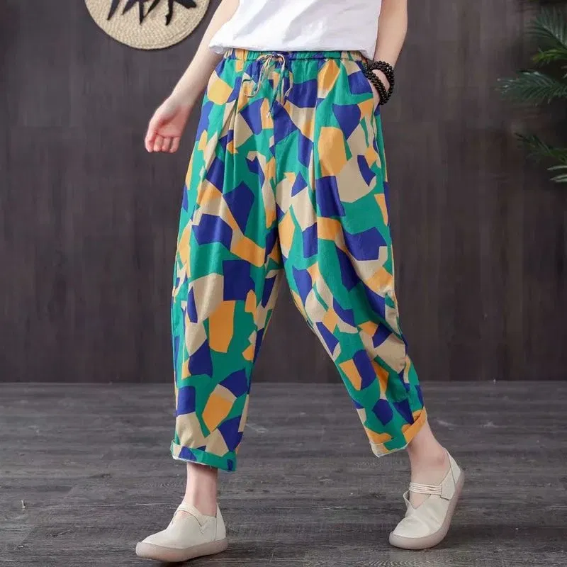Color: SKY BLUE, Size: XXL - Cotton and Linen Pants for Women Summer  Printing Harem Pants Female Mother Loose Retro Fashion Women's Ankle Length  Pants