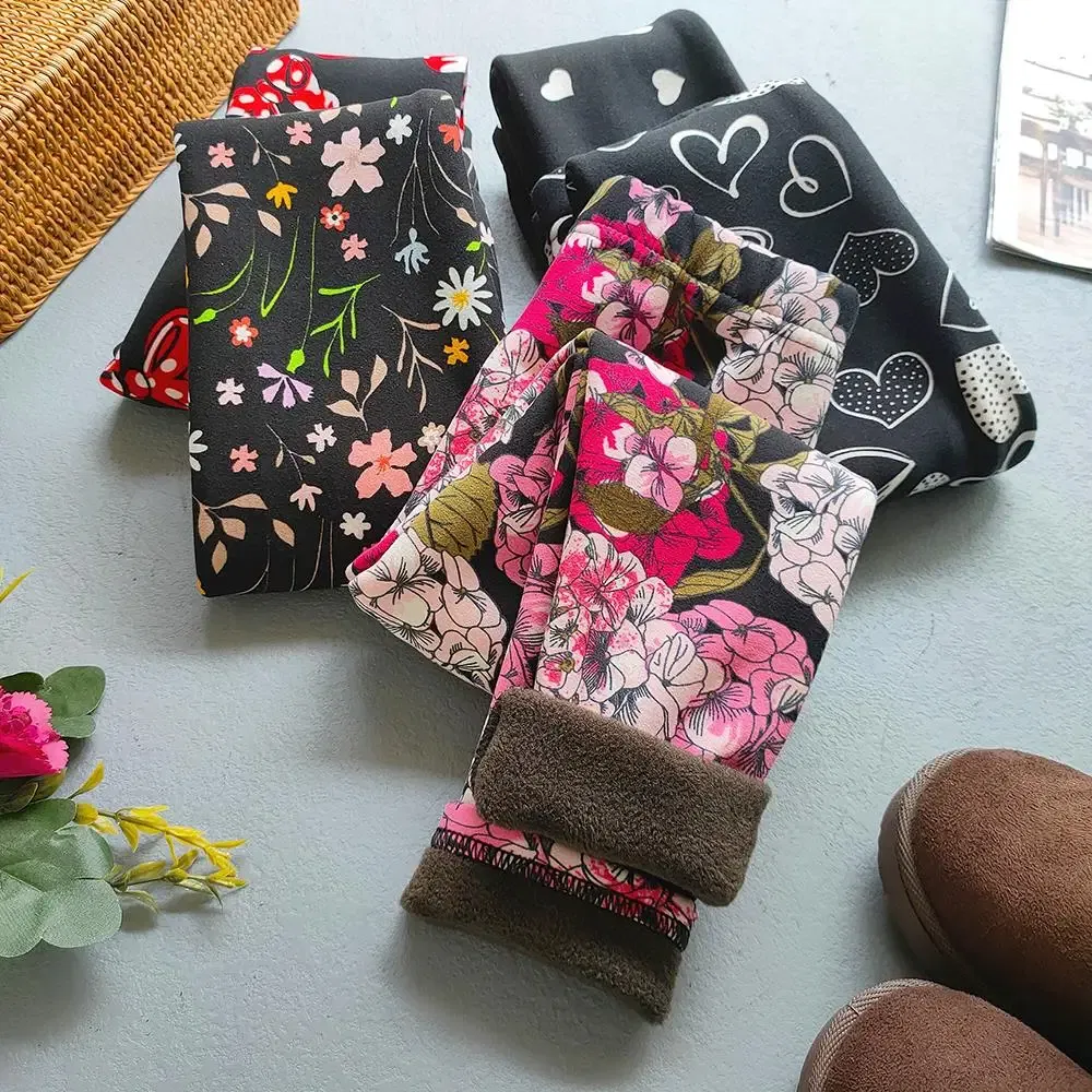 Color: PURPLE, Kid Size: 7 - Autumn Winter Print Flowers Thick Warm Kids Toddler Baby Girls Leggings Children's Pants