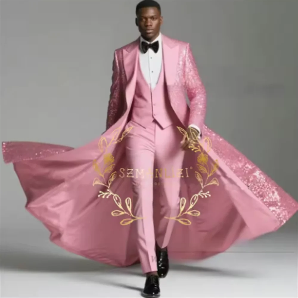 Color: black, Size: 5XL - Burgundy Shiny Sequin Suits Men 3 Pieces Sets Single Breasted Groom Long Blazer Costume Homme Wedding Tuxedo Male Clothing