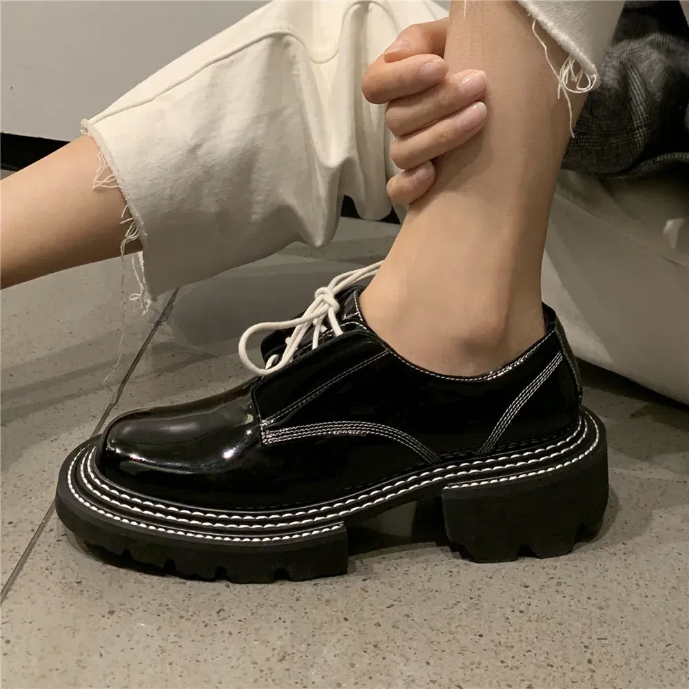 Color: Blue, Shoe Size: 4 - MILI-MIYA New Arrival Thick Heels Women Cow Patent Leather Pumps Lace Up Round Toe Fashion Street Casual Shoes Size 34-42