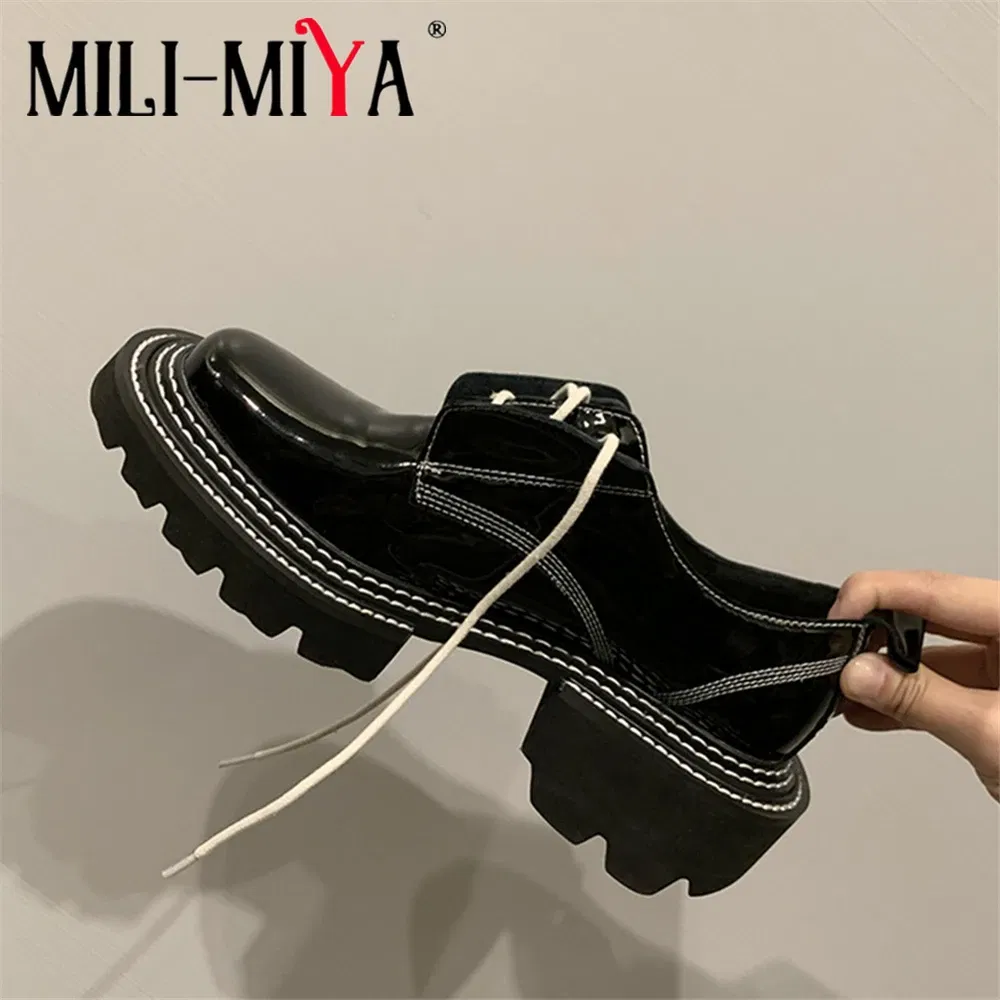 Color: Blue, Shoe Size: 4 - MILI-MIYA New Arrival Thick Heels Women Cow Patent Leather Pumps Lace Up Round Toe Fashion Street Casual Shoes Size 34-42