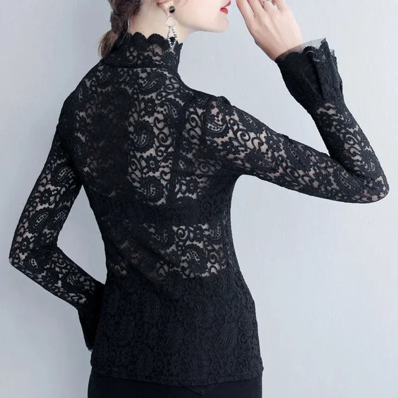 Color: black, Size: XXXL - Sexy Transparent Long Sleeve Top Women 2025 Fashion Autumn Winter Basic Lace Blouses White Black Hollow Blusas Mujer Oversized