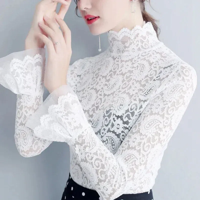 Color: black, Size: XXXL - Sexy Transparent Long Sleeve Top Women 2025 Fashion Autumn Winter Basic Lace Blouses White Black Hollow Blusas Mujer Oversized