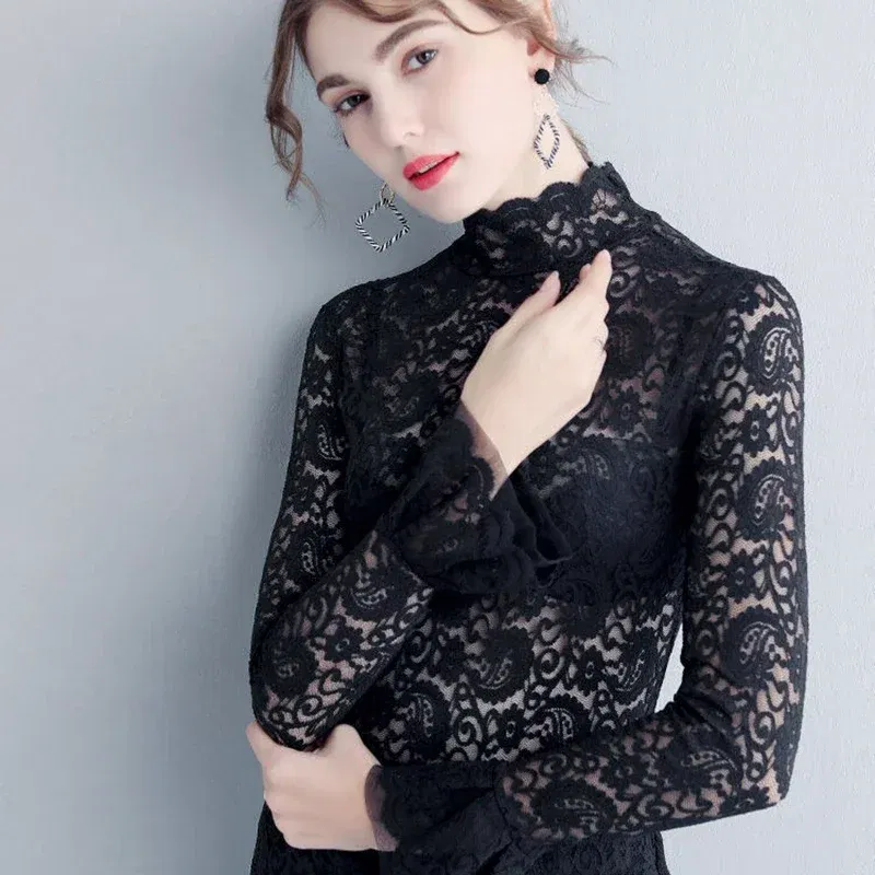 Color: black, Size: XXXL - Sexy Transparent Long Sleeve Top Women 2025 Fashion Autumn Winter Basic Lace Blouses White Black Hollow Blusas Mujer Oversized