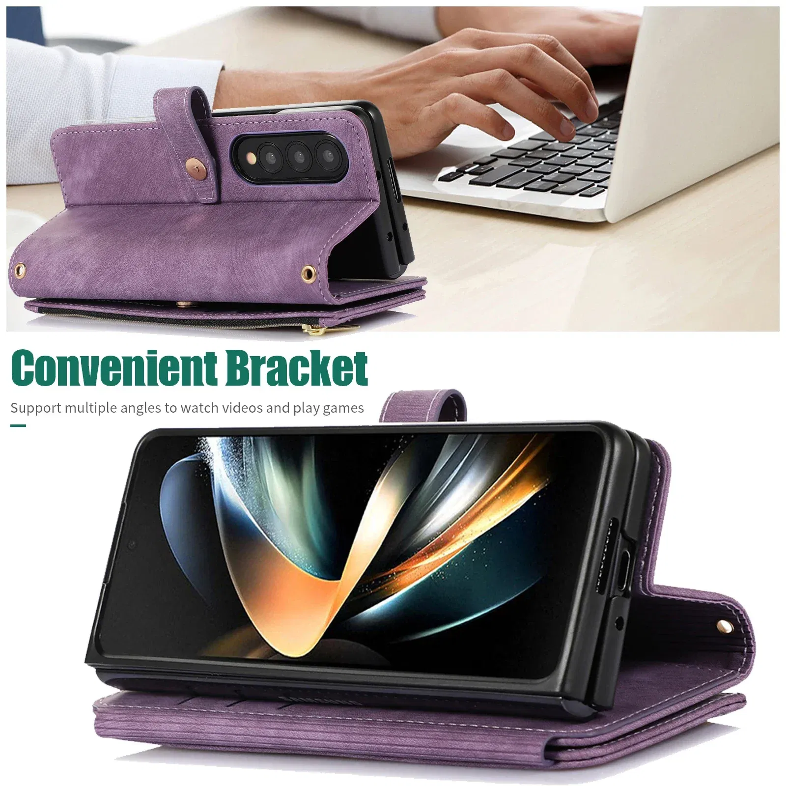 Color: Blue, Material: CANVAS - Crossbody Wallet Phone Case for Samsung Galaxy Z Fold 6 5 4 3 Fold5 Fold4 Fold6 5G Card Holder Stand Lanyard Flip Leather Cover