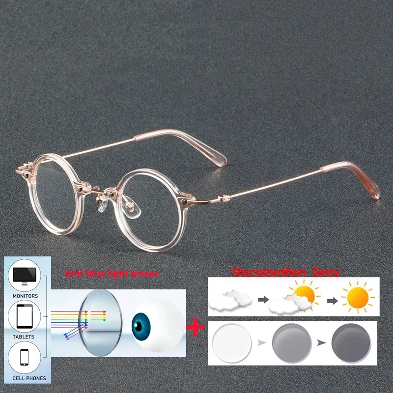 Frame Color: GRAY, Eye Prescription: +75 - VCKA Anti-blue Discolor Acetate+Titanium Myopia Glasses Frames Small Round Men Prescription Optical Women Eyewear -0.50 to -10.0