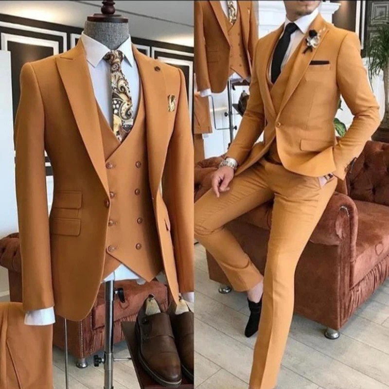 Color: Khaki, Size: 5XL, Ships From: CHINA - Groom Wear 3 Pieces Gray Men Suits 2021 Slim Fit Peak Lapel One Button Tailor Made Terno Masculino (Jacket+Pants+Vest+Tie?‰