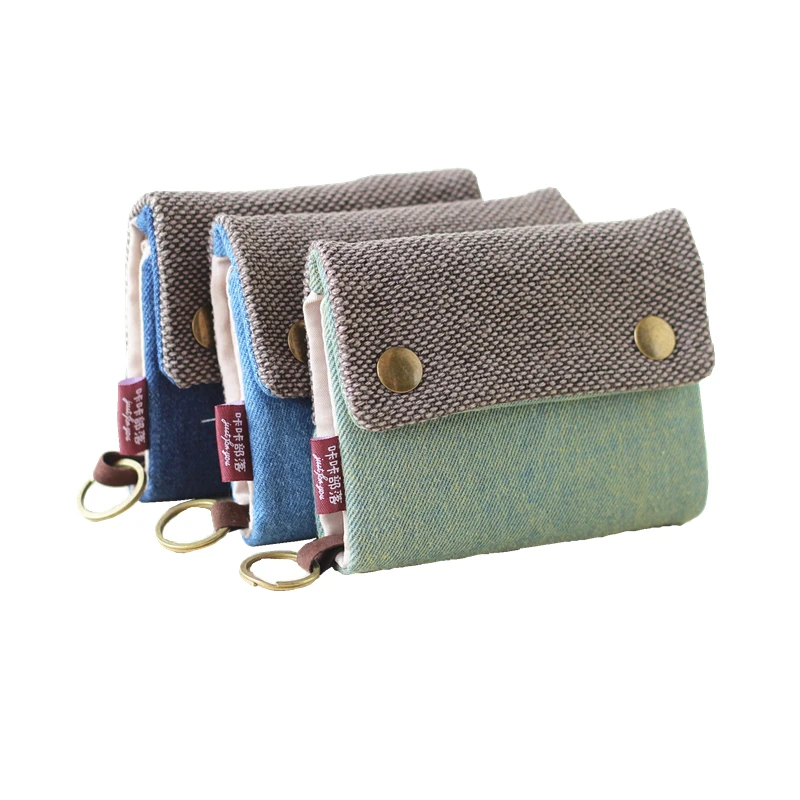 Color: SKY BLUE - Handmade Three Fold Fabric Wallet Women Men Simple Short Zipper Purses for Teens Personality Multi-function Key Bag Card Holder