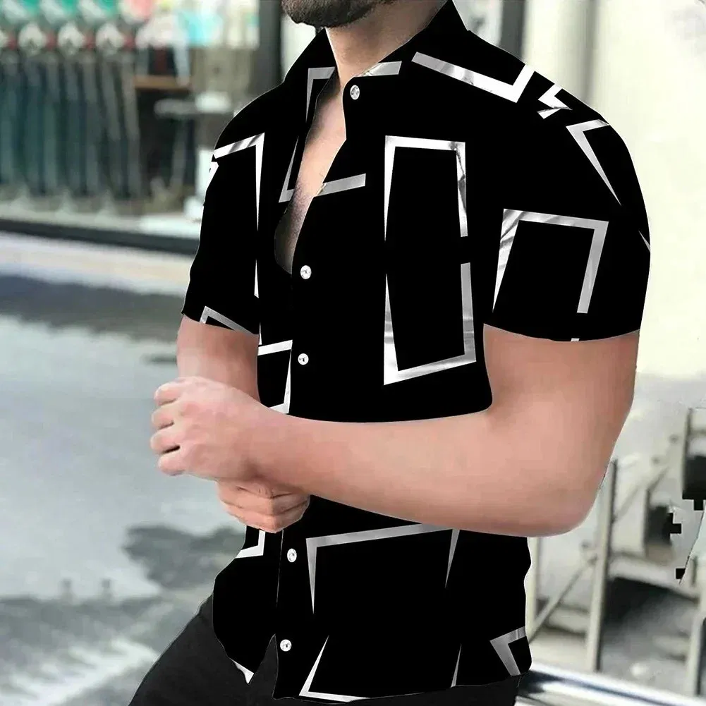 Color: Brown, Size: S - 3D Men's Striped Printed Short Sleeve Shirt, Fashionable And Casual Loose Shirt, 2023 New Style.
