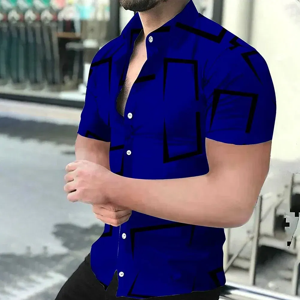 Color: Brown, Size: S - 3D Men's Striped Printed Short Sleeve Shirt, Fashionable And Casual Loose Shirt, 2023 New Style.