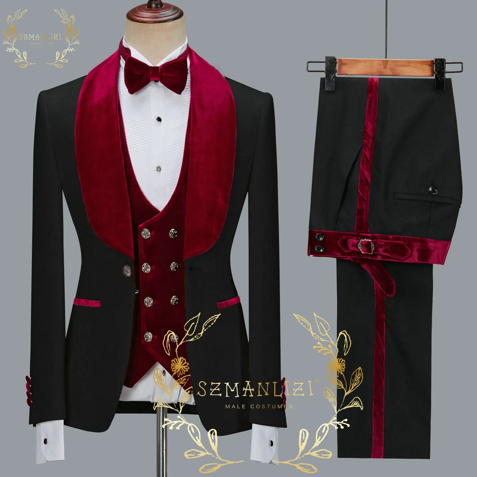 Color: green, Size: XS - SZMANLIZI 2022 Latest Designs Black Floral Party Blazer Men Suits Costume Homme Groom Tuxedos Wedding Terno Masculino 3 Pieces
