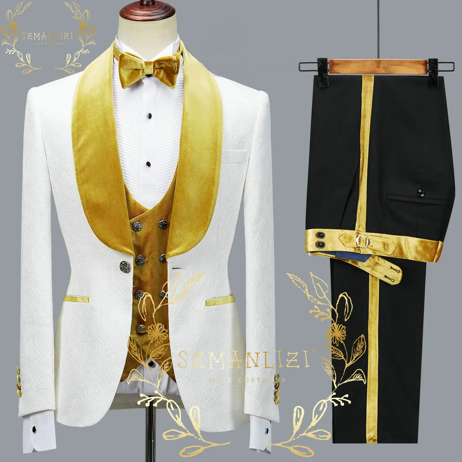 Color: green, Size: XS - SZMANLIZI 2022 Latest Designs Black Floral Party Blazer Men Suits Costume Homme Groom Tuxedos Wedding Terno Masculino 3 Pieces