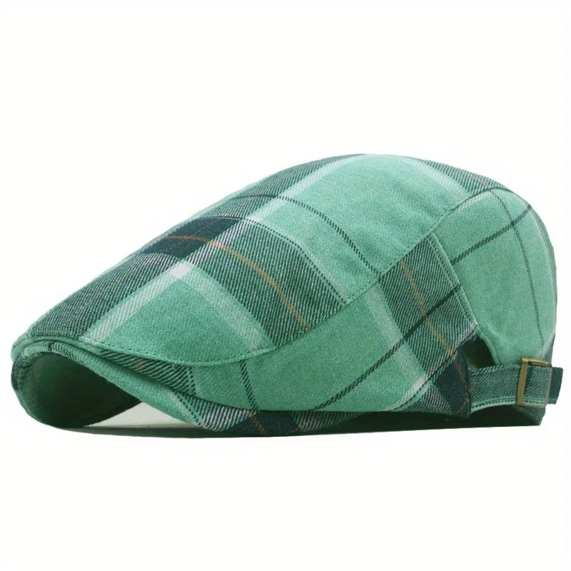 Color: Black - Men's Plaid Pattern Flat Cap Newsboy Hat Women Beret Cabbie Gatsby Cap