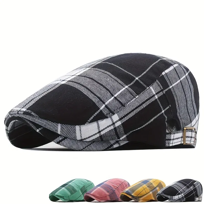 Color: Black - Men's Plaid Pattern Flat Cap Newsboy Hat Women Beret Cabbie Gatsby Cap