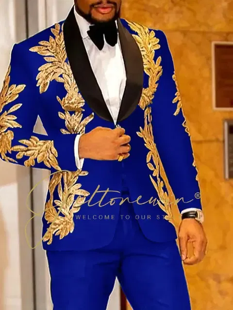 Color: Navy Blue, Size: XXXL - Luxury Groom Wedding Tuxedos Gold Sequins Appliques Black Men Suits Slim Fit Costume Homme Marriage Prom Suits