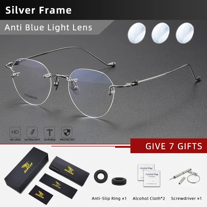 Frame Color: Blue, Eye Prescription: +200 - BLMUSA Pure Titanium Rimless Anti-blue Light Reading Glasses for Men Round Photochromic Optical Prescription with MR-8 lens