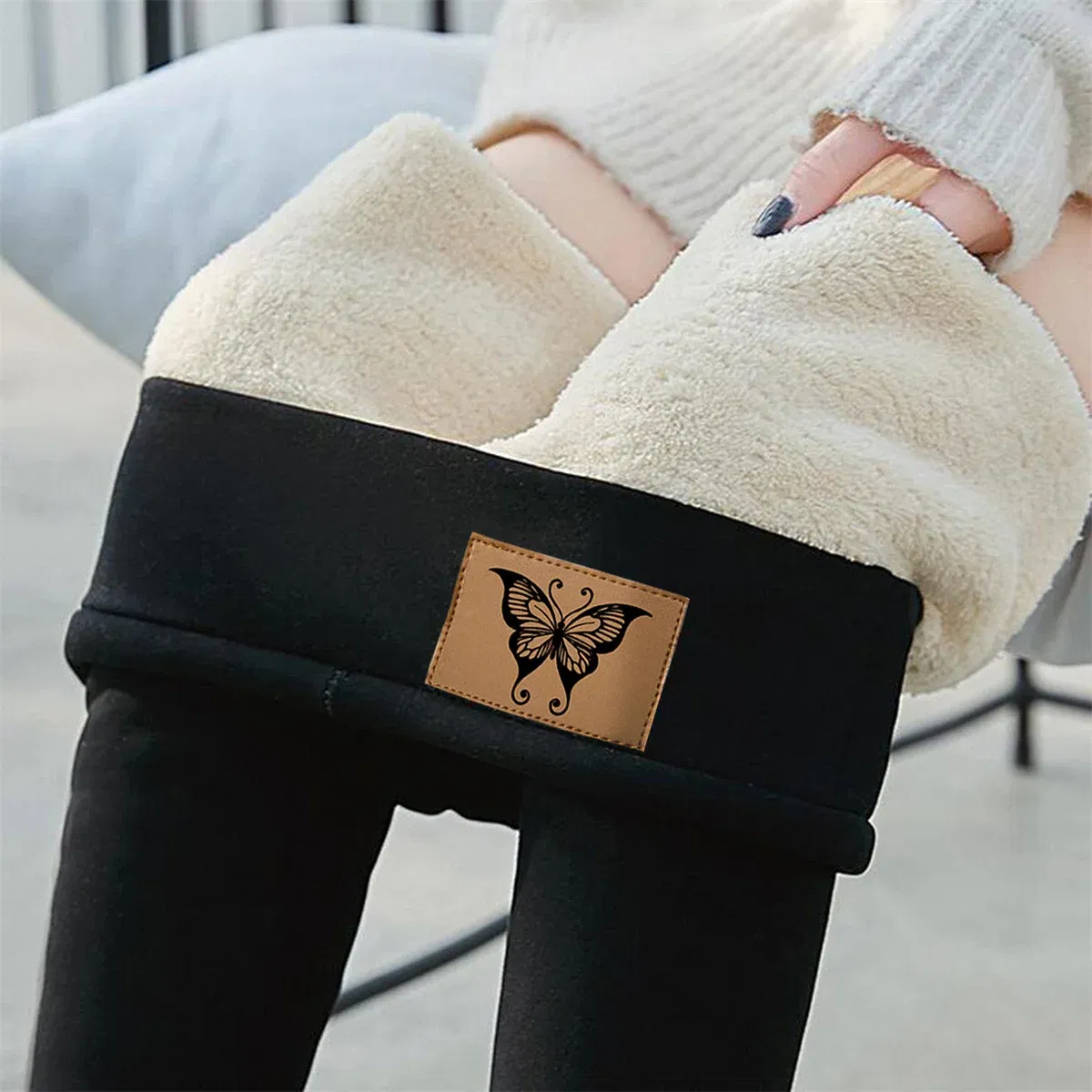 Color: SKY BLUE, Size: M - Winter Women Leggings Solid Warm Leggings Thicken Lambwool Hight Waist Fleece Keep Butt Lift High Stretchy Walking Pants Pocket