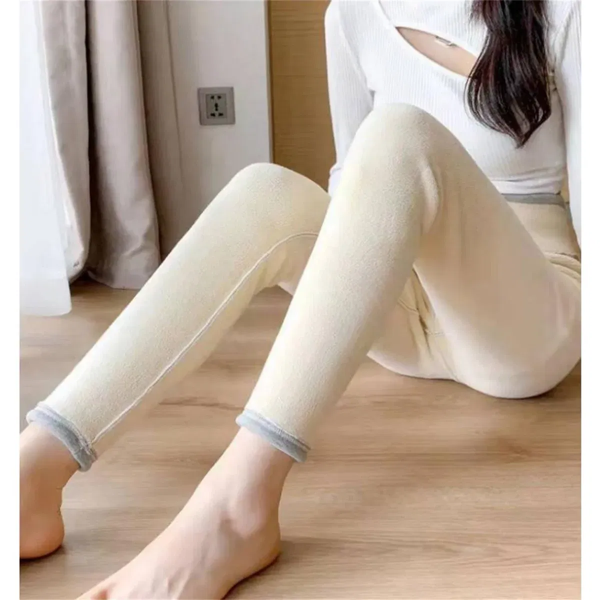 Color: SKY BLUE, Size: M - Winter Women Leggings Solid Warm Leggings Thicken Lambwool Hight Waist Fleece Keep Butt Lift High Stretchy Walking Pants Pocket