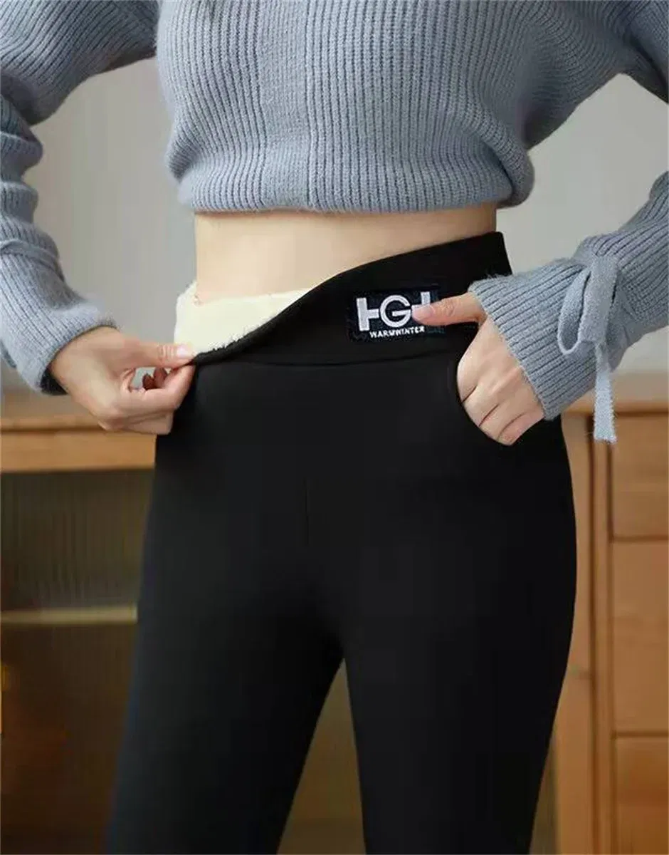 Color: SKY BLUE, Size: M - Winter Women Leggings Solid Warm Leggings Thicken Lambwool Hight Waist Fleece Keep Butt Lift High Stretchy Walking Pants Pocket