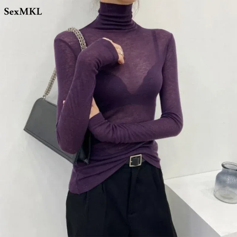Color: GRAY, Size: XXL - New Fashion Basic Turtleneck Long Sleeve Women T-shirt Autumn Winter Long Sleeve Slim Stretch Tops Ladies Sexy Tees Plus Size