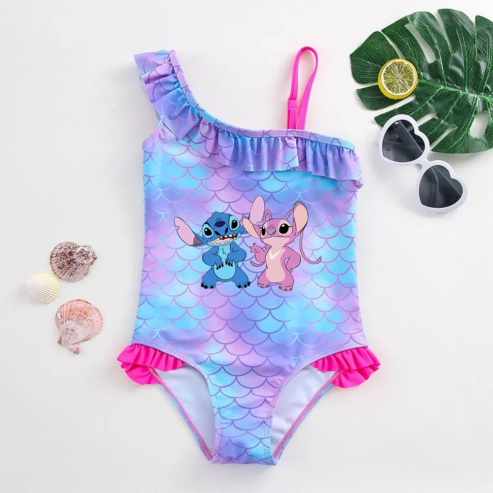 Color: Orange, Size: XS - Stitch Girls Swimsuit Fashion Mermaid Fish Scale One-Piece Bathing Suits Children's Dresses Summer Swimwear Beach Suit Kids Wear