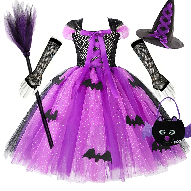 Color: Blue, Kid Size: 2T - Halloween Witch Tutu Dress for Girls Handmade Mesh Bat Wizard Cosplay Costumes with Hat Broom Toddler Evil Party Clothes Set
