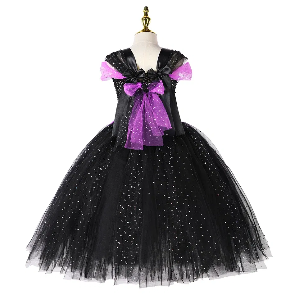 Color: Blue, Kid Size: 2T - Halloween Witch Tutu Dress for Girls Handmade Mesh Bat Wizard Cosplay Costumes with Hat Broom Toddler Evil Party Clothes Set