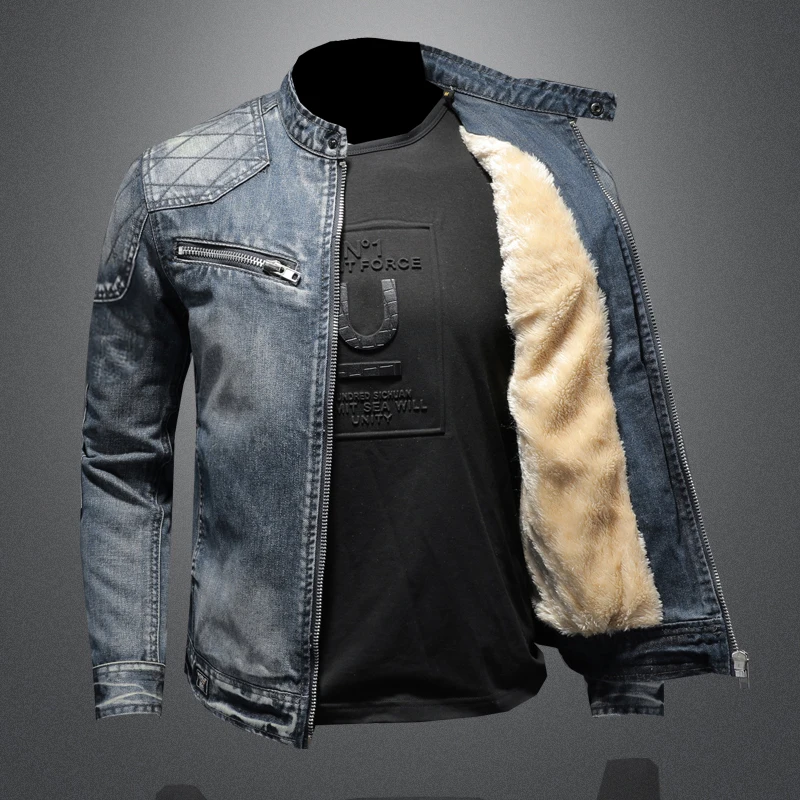 Men Fleece Thick Streetwear Denim Jackets Men Vintage Blue Bomber  Jacket Male Outwear Plus Velvet Windbreaker Coats