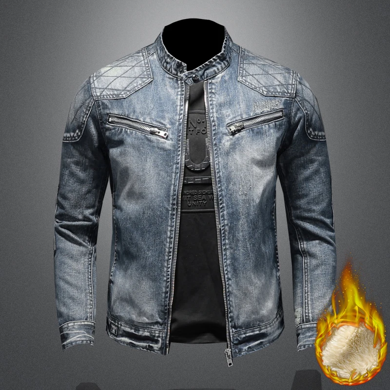 Men Fleece Thick Streetwear Denim Jackets Men Vintage Blue Bomber  Jacket Male Outwear Plus Velvet Windbreaker Coats