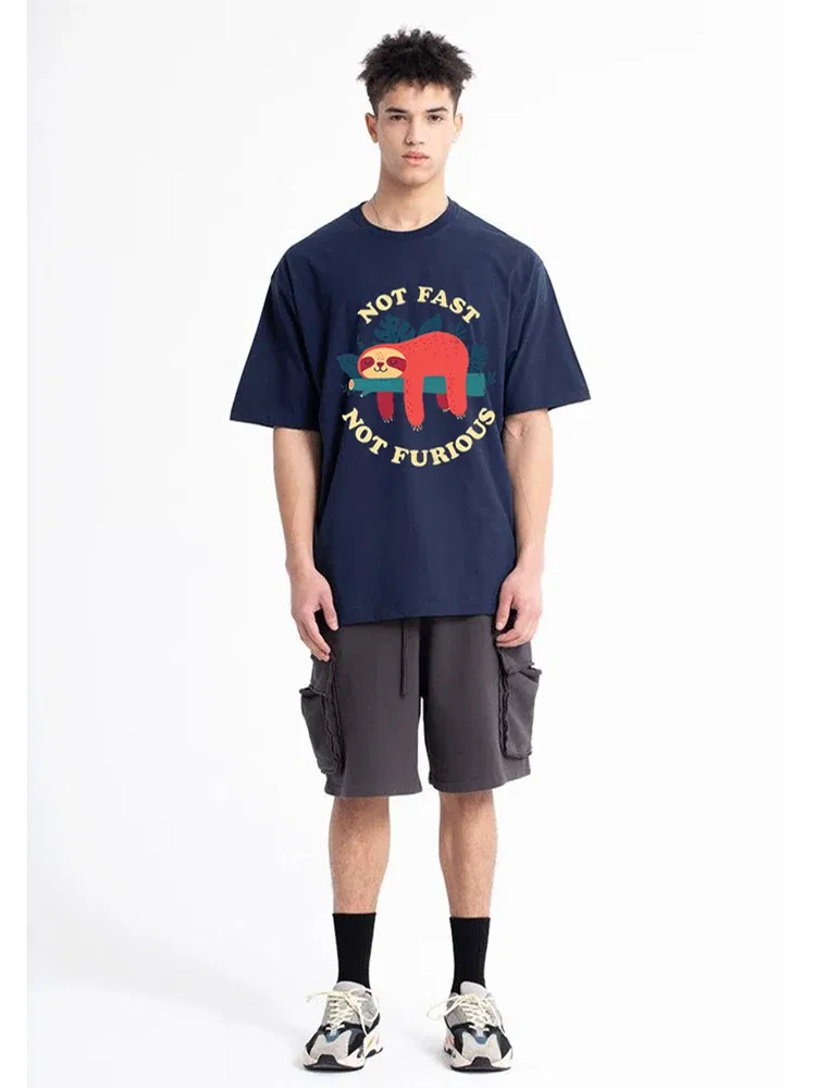 Color: green, Size: L - Not Fast Not Furious Sloth Cute Print Men Tee Shirts Breathable Cotton Tops Street Fashion T-shirt Women Casual Summer T Shirts
