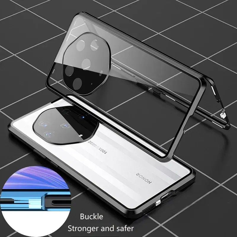 Color: Silver, Material: Silicon - Double Sided Glass Magnetic Metal Snap Lock Phone Case For Honor Magic 4 5 Ultimate 6 Lite 7 Pro Lens Protection Cover Cases