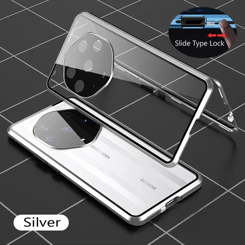Color: Silver, Material: Silicon - Double Sided Glass Magnetic Metal Snap Lock Phone Case For Honor Magic 4 5 Ultimate 6 Lite 7 Pro Lens Protection Cover Cases