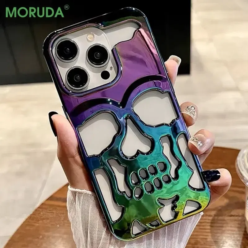 Color: Army Green, Material: Canvas - 3D Skull Ghostface Phone Case for iPhone 14 15 ProMax 11 12 13 Pro Max Plus Fashion Hollow Heat Dissipation Plating Slim Cover