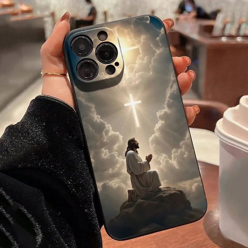 Color: SKY BLUE, Compatible-Phone Models: For iPhone 12 Pro Max - Jesus Cross Painted Phone Case For iPhone 16 15 14 13 12 11 Pro Max XS X XR 7 8 Plus Mini SE 2020 2022