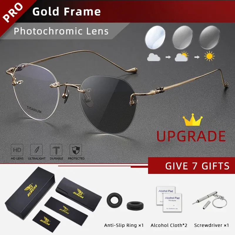 Frame Color: black, Eye Prescription: +75 - BLMUSA Pure Titanium Rimless Anti-blue Light Reading Glasses for Men Round Photochromic Optical Prescription with MR-8 lens