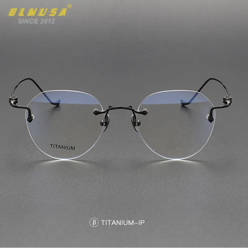 Frame Color: black, Eye Prescription: +75 - BLMUSA Pure Titanium Rimless Anti-blue Light Reading Glasses for Men Round Photochromic Optical Prescription with MR-8 lens