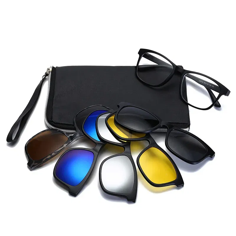 Lenses Color: Black, Ships From: CHINA, Frame Color: WHITE - 6 In 1 Spectacle Frame Men Women With 5 PCS Clip On Polarized Sunglasses Magnetic Glasses Male Computer Optical 2201