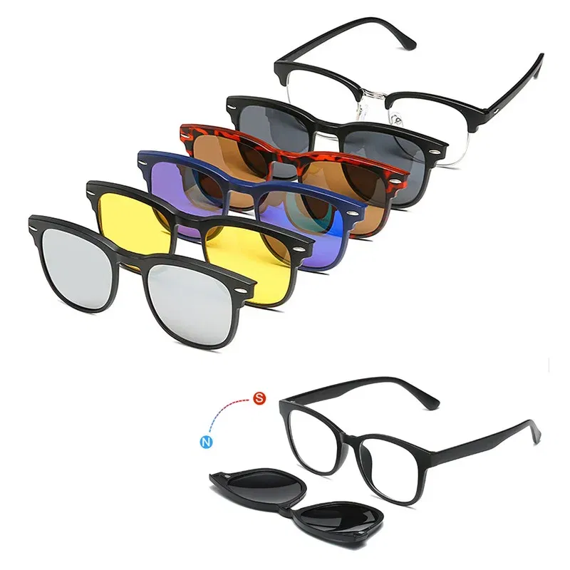 Lenses Color: Black, Ships From: CHINA, Frame Color: WHITE - 6 In 1 Spectacle Frame Men Women With 5 PCS Clip On Polarized Sunglasses Magnetic Glasses Male Computer Optical 2201