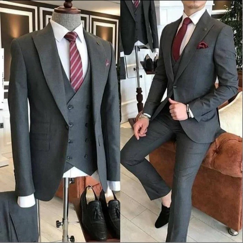 Color: Navy Blue, Size: 5XL, Ships From: CHINA - Groom Wear 3 Pieces Gray Men Suits 2021 Slim Fit Peak Lapel One Button Tailor Made Terno Masculino (Jacket+Pants+Vest+Tie?‰