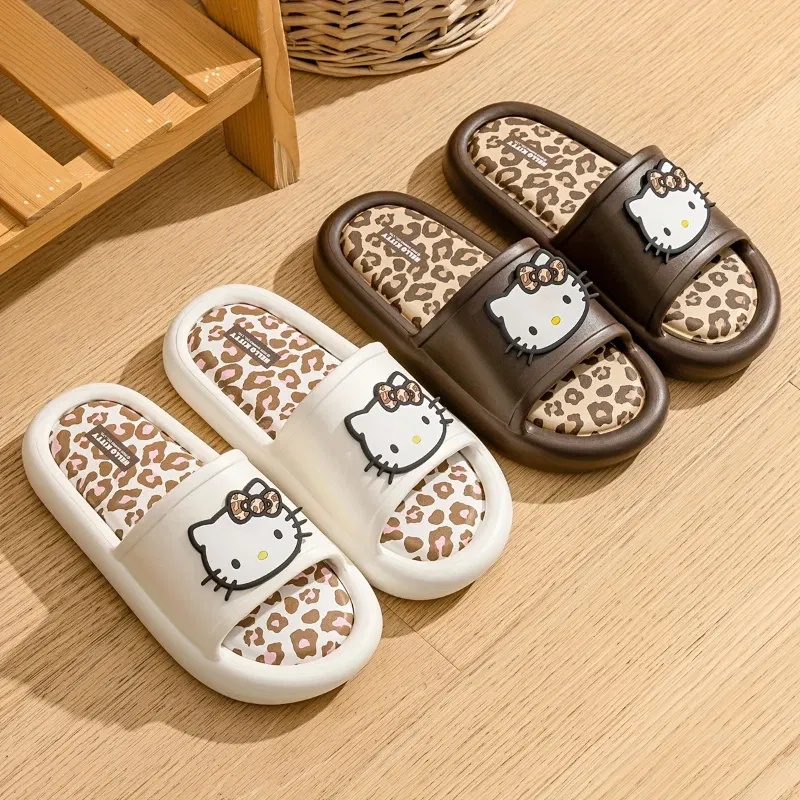 Color: Beige, Shoe Size: 40-41 - Miniso Hello Kitty Cute Leopard Print Slippers Trendy Open-Toe Slide Sandals in Chic Two-Tone Design Comfortable EVA Material