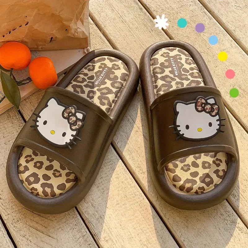 Color: Beige, Shoe Size: 40-41 - Miniso Hello Kitty Cute Leopard Print Slippers Trendy Open-Toe Slide Sandals in Chic Two-Tone Design Comfortable EVA Material
