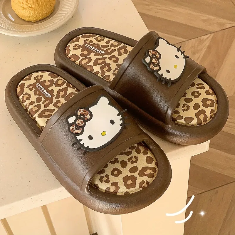 Color: Beige, Shoe Size: 40-41 - Miniso Hello Kitty Cute Leopard Print Slippers Trendy Open-Toe Slide Sandals in Chic Two-Tone Design Comfortable EVA Material