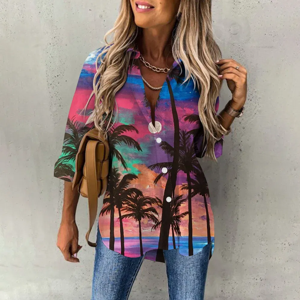 Color: SKY BLUE, Size: L - Ladies Long Sleeved Shirt Vacation Style Coconut Tree 3D Digital Printed Button Up Collar Loose Casual Ladies Blouse 2024 Autumn