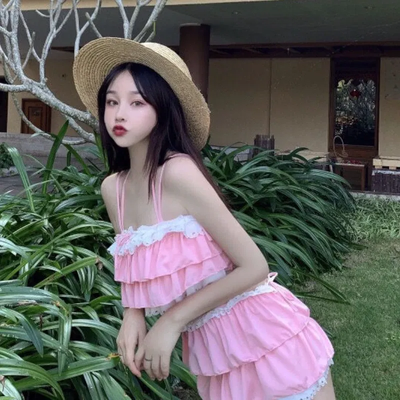 Color: Pink, Size: M - Bikini Sets Women Kawaii Girlish Design Tender Teens Slim Chic Beach Simple Feminino Daily Ruffles Japan Style Cool Sexy