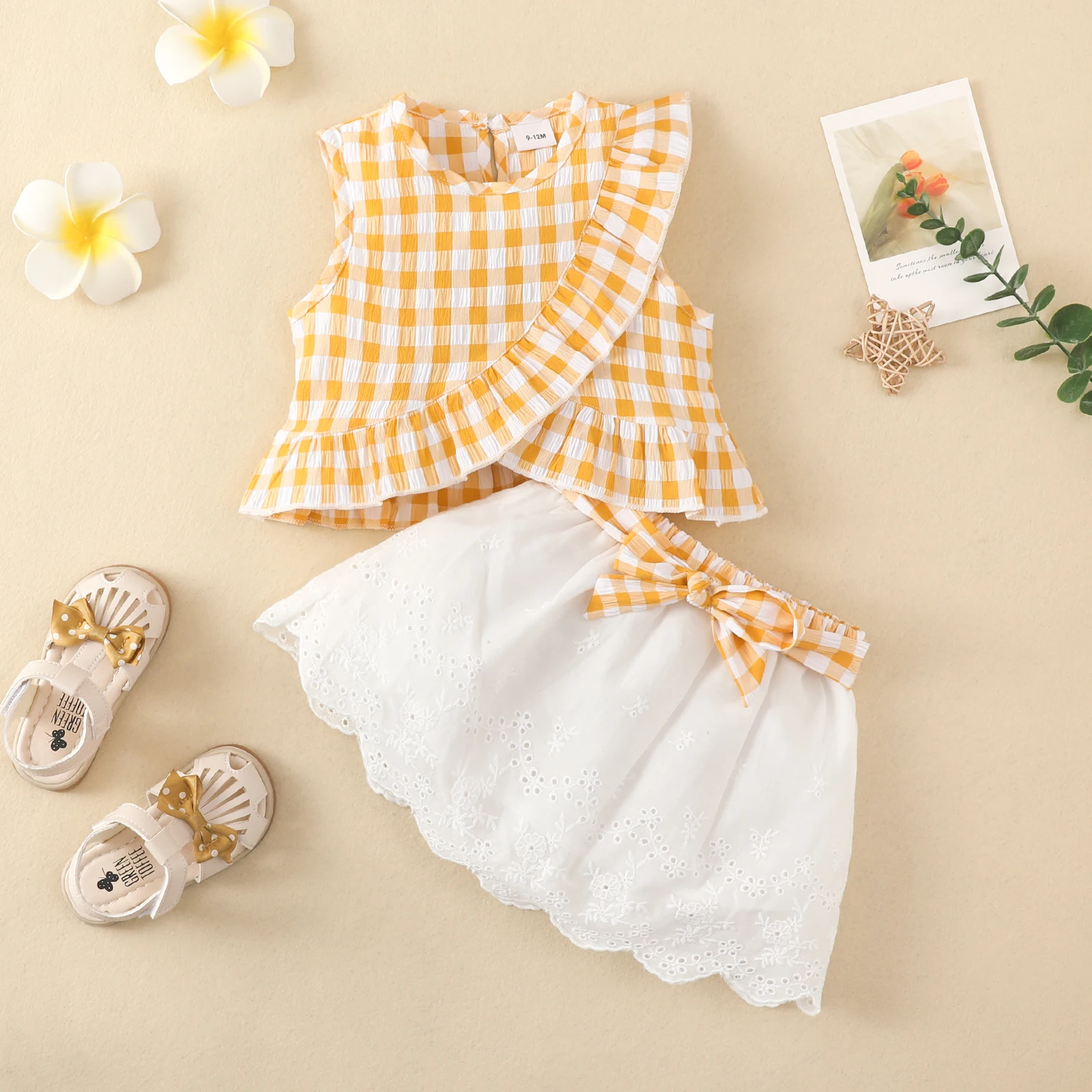 Kid Size: 6M, Color: Blue - Charming Girls' Summer Ensemble: Sleeveless Plaid Ruffle Top & Lace Hem Skirt - Comfy, Durable & Stylish